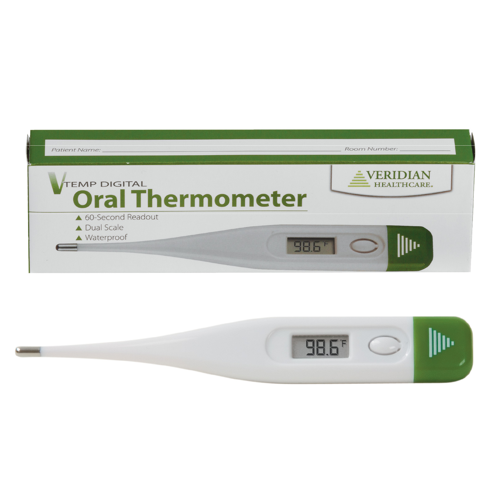 Veridian 60-Second Digital Thermometer | Fever Alert + Memory Recall | Clinical Rigid Tip | Water-Resistant | Case + Probe Covers